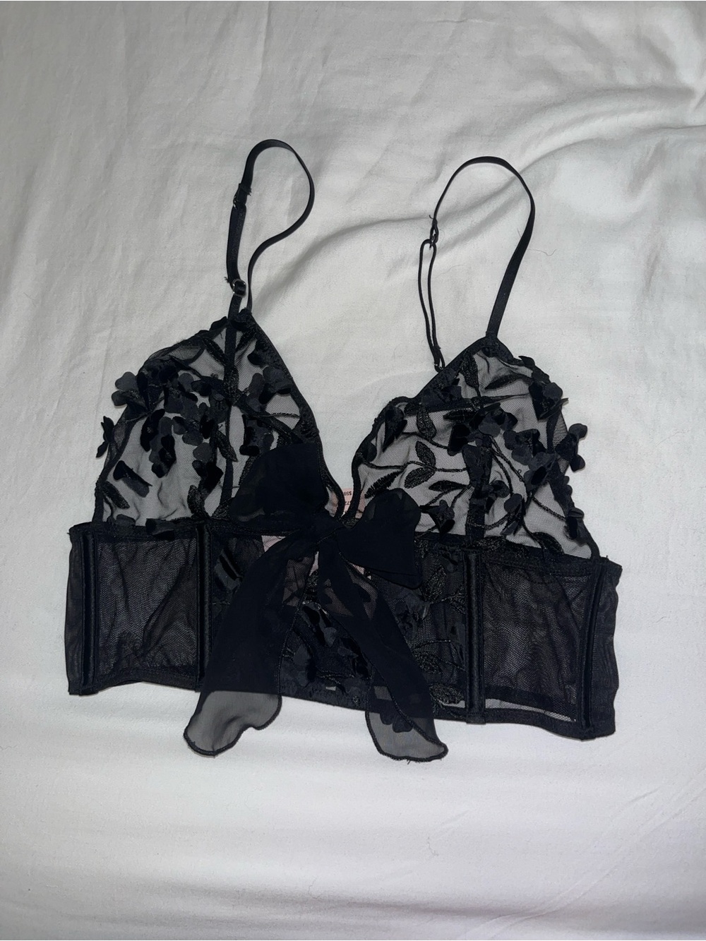 Victoria's Secret Black Sheer Floral Embroidered Longline Bralette with Bow